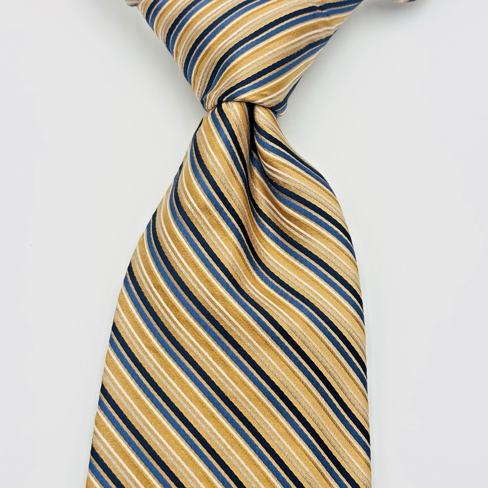 Campia‎ Moda Silk Tie Men 59"Lx4"W Yellow Blue Silver REPP Striped Hand Made
